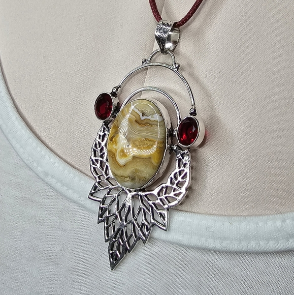 Game of stones Jewelry - New Crazy Lace Agate Garnet Handmade Pendant 3.4" silver